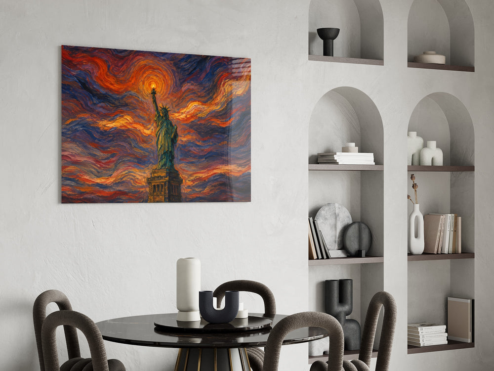 Statue of Liberty glass wall art shown in a warm, styled interior setting