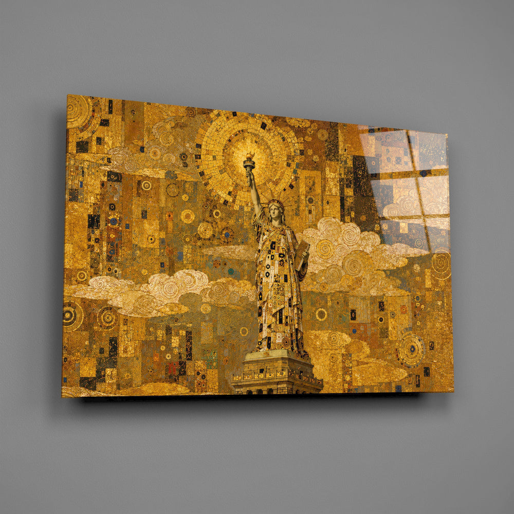 Statue of Liberty glass wall art mounted flat on a grey wall