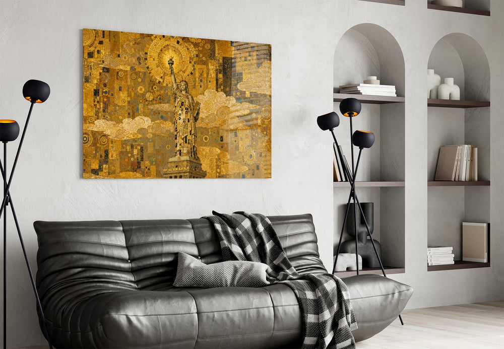Statue of Liberty glass wall art styled in a contemporary living room