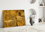 Statue of Liberty glass wall art leaning against a wall in a minimalist interior