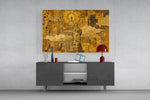 Statue of Liberty glass wall art displayed above a console in a modern interior