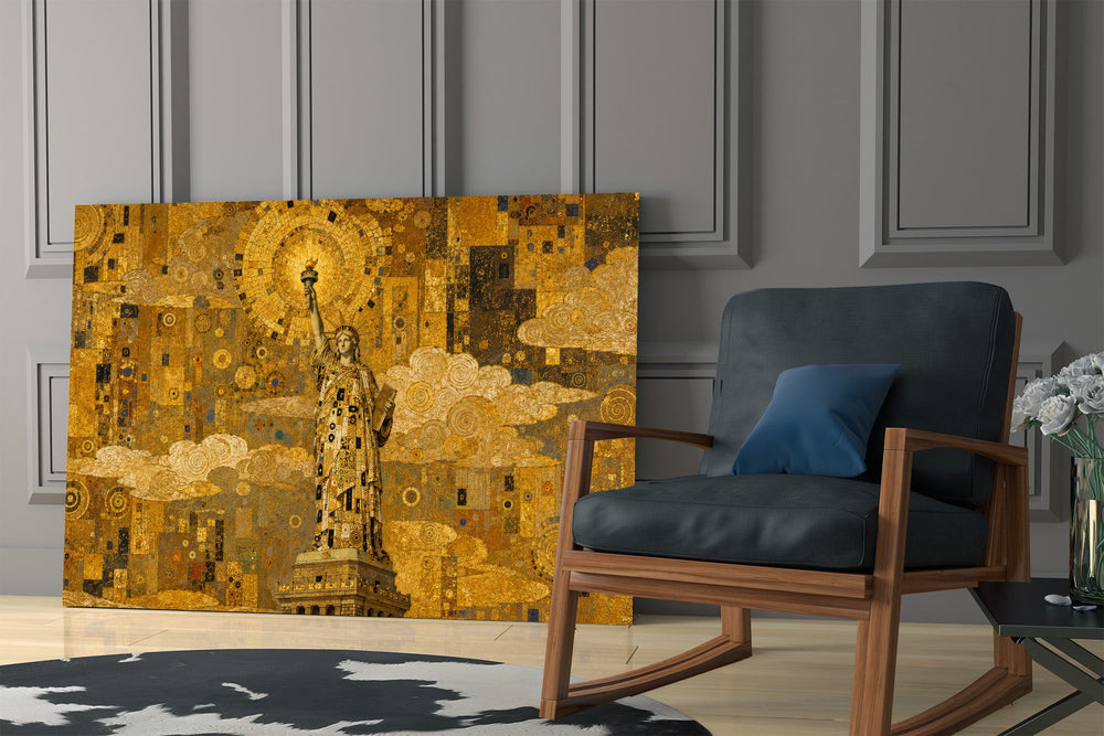 Statue of Liberty glass wall art hanging as a focal point in a modern room