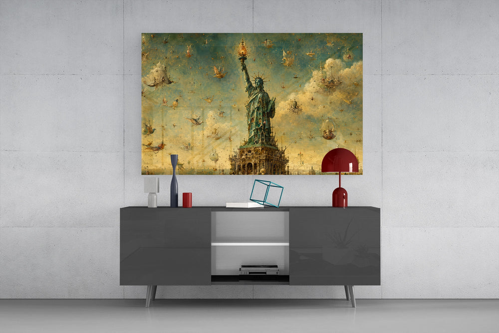 Statue of Liberty glass wall art displayed above a console in a modern interior