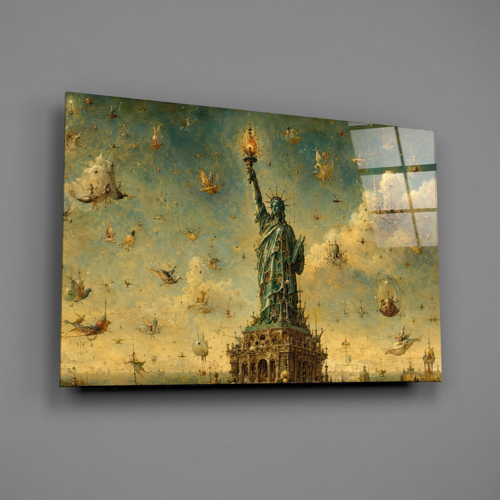 Statue of Liberty glass wall art mounted flat on a grey wall
