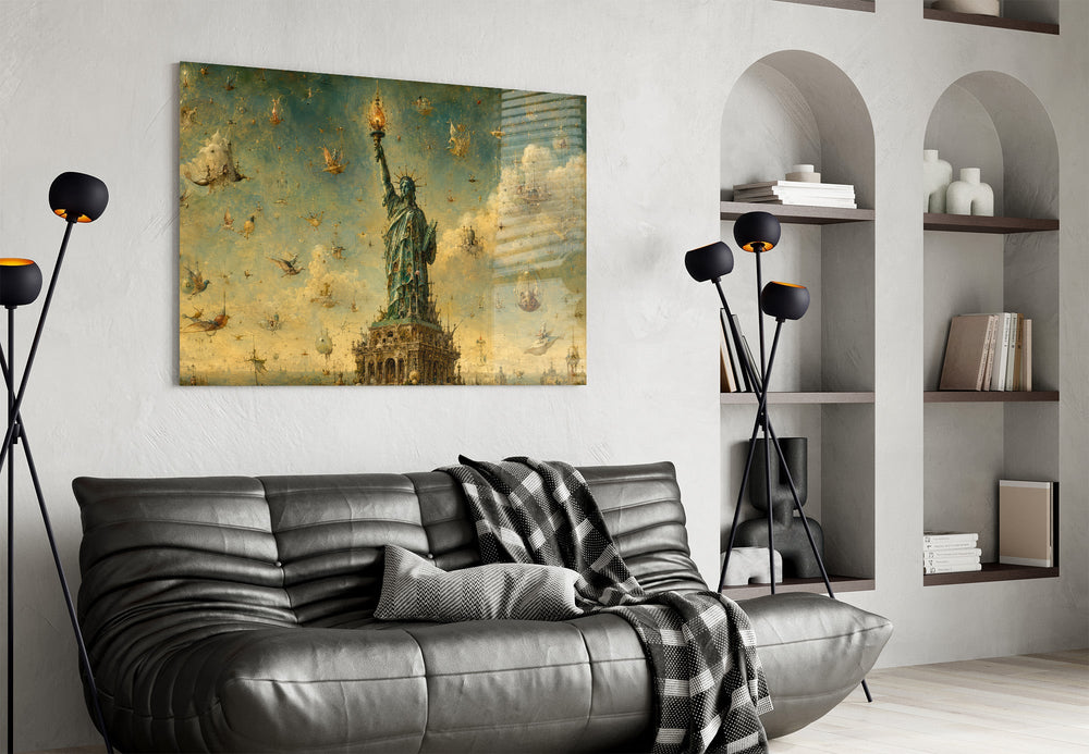 Statue of Liberty glass wall art styled in a contemporary living room
