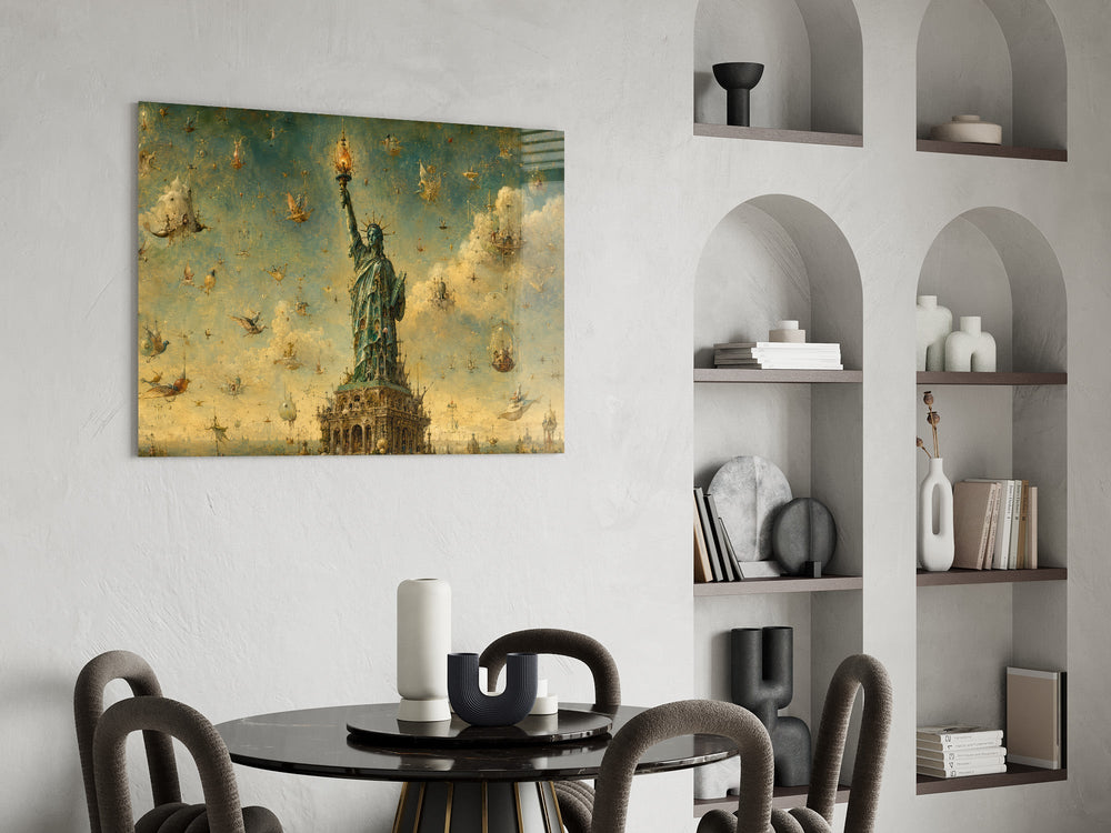Statue of Liberty glass wall art shown in a warm, styled interior setting