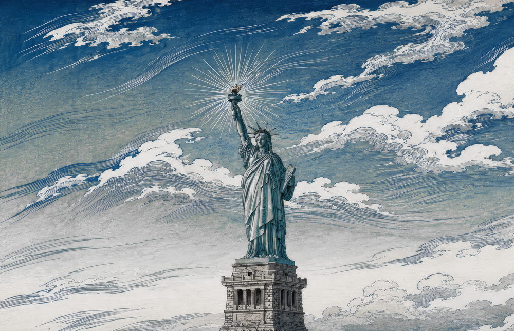 Statue of Liberty Hokusai Style Glass Wall Art