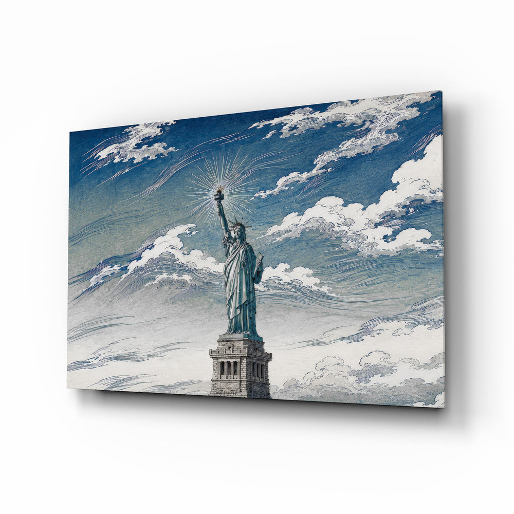 Statue of Liberty glass wall art, angled view of the tempered glass panel