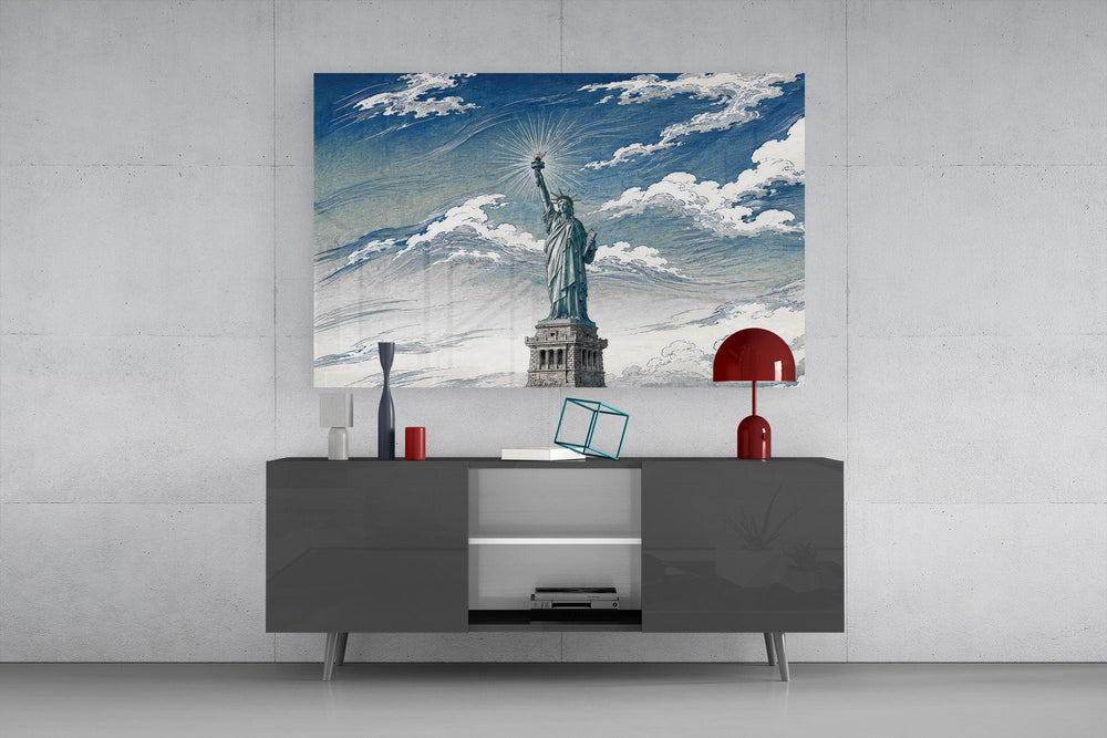 Statue of Liberty glass wall art displayed above a console in a modern interior