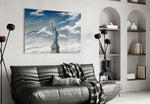Statue of Liberty glass wall art styled in a contemporary living room