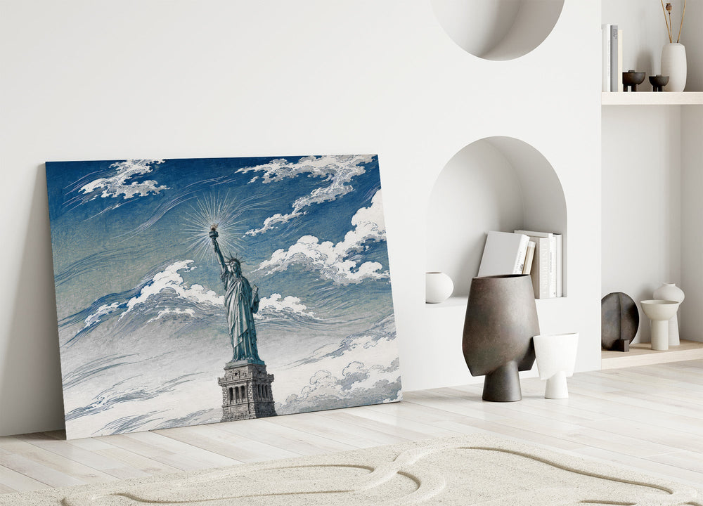 Statue of Liberty glass wall art leaning against a wall in a minimalist interior