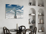Statue of Liberty glass wall art shown in a warm, styled interior setting