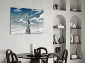 Statue of Liberty glass wall art shown in a warm, styled interior setting