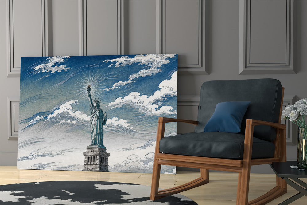 Statue of Liberty glass wall art hanging as a focal point in a modern room