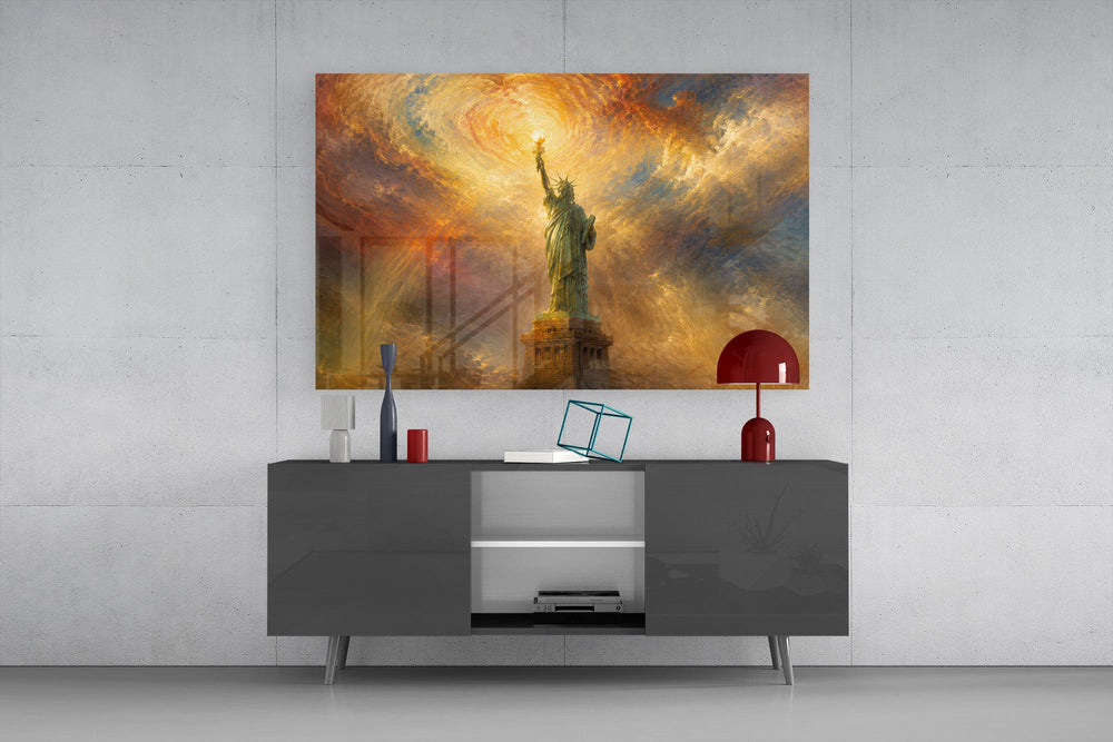 Statue of Liberty glass wall art displayed above a console in a modern interior