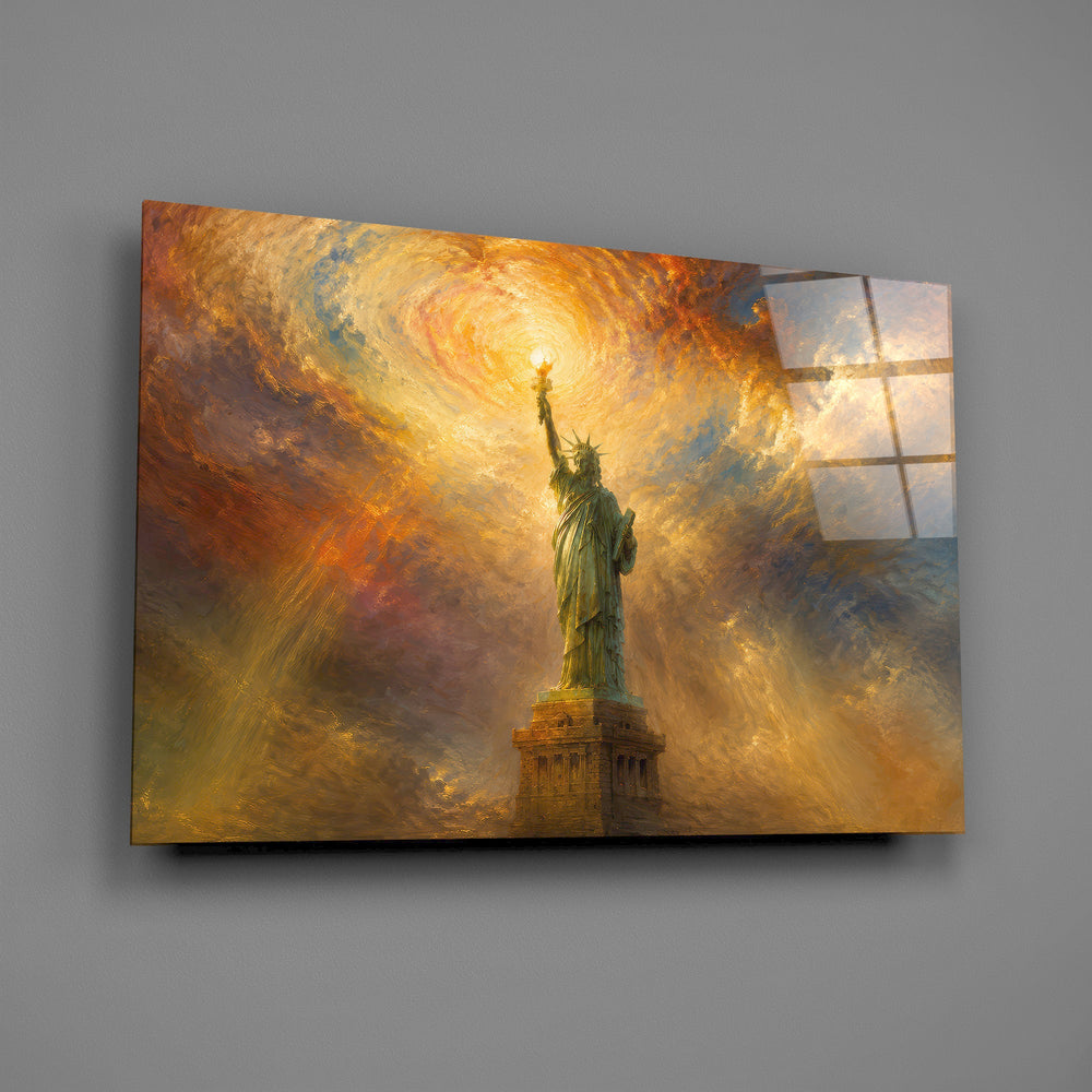 Statue of Liberty glass wall art mounted flat on a grey wall
