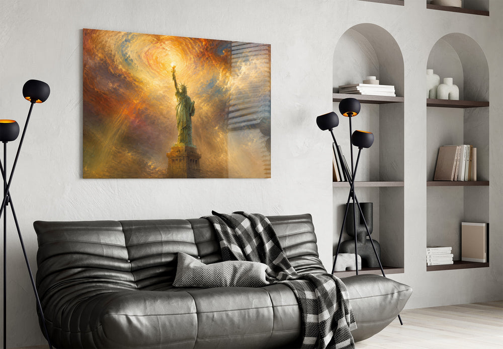 Statue of Liberty glass wall art styled in a contemporary living room