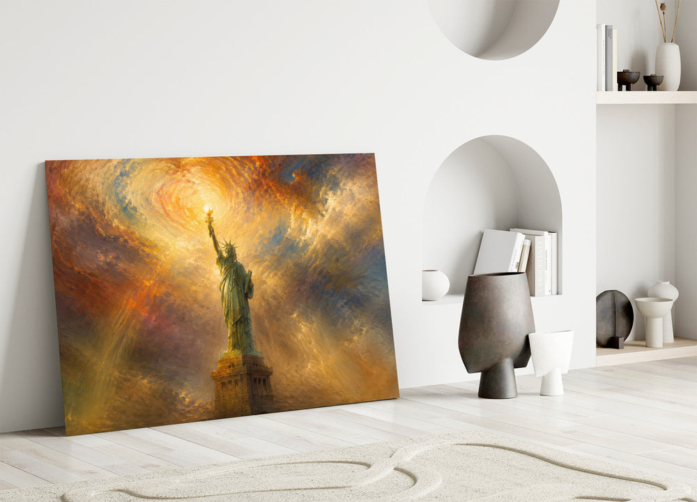 Statue of Liberty glass wall art leaning against a wall in a minimalist interior