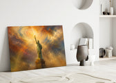 Statue of Liberty glass wall art leaning against a wall in a minimalist interior