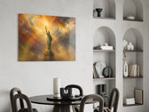 Statue of Liberty glass wall art shown in a warm, styled interior setting