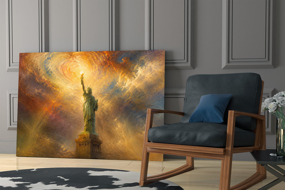 Statue of Liberty glass wall art hanging as a focal point in a modern room