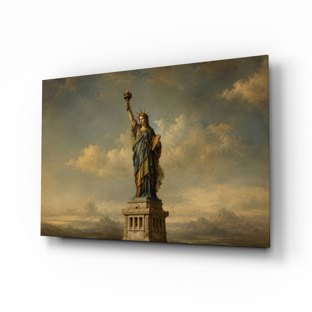 Statue of Liberty glass wall art, angled view of the tempered glass panel