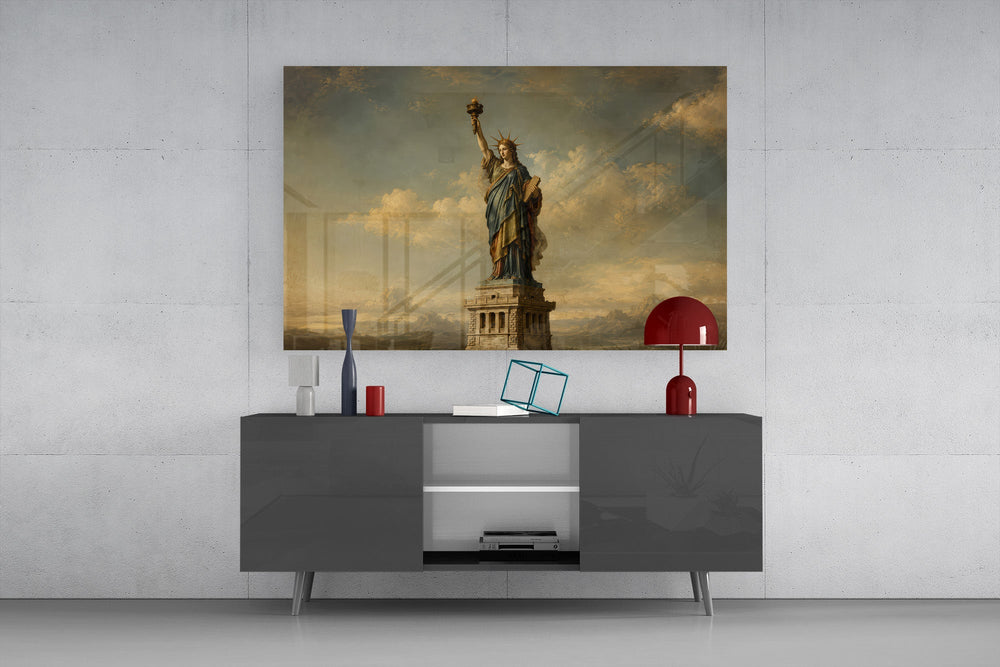 Statue of Liberty glass wall art displayed above a console in a modern interior