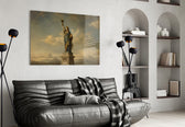 Statue of Liberty glass wall art styled in a contemporary living room