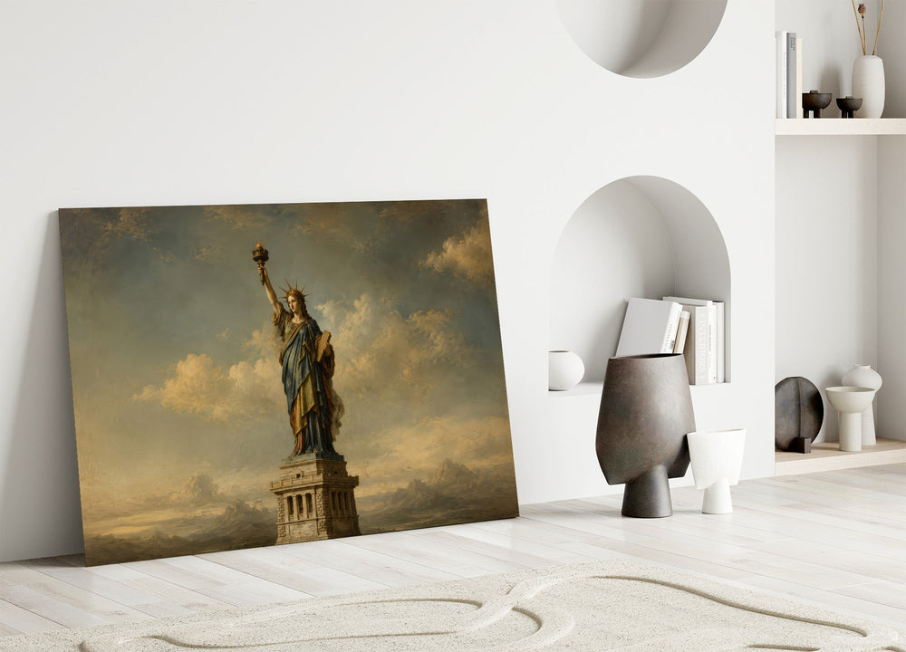 Statue of Liberty glass wall art leaning against a wall in a minimalist interior