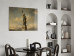 Statue of Liberty glass wall art shown in a warm, styled interior setting