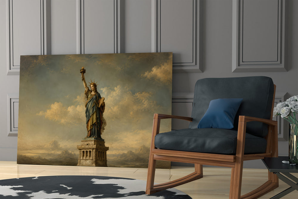 Statue of Liberty glass wall art hanging as a focal point in a modern room