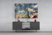 Statue of Liberty glass wall art displayed above a console in a modern interior