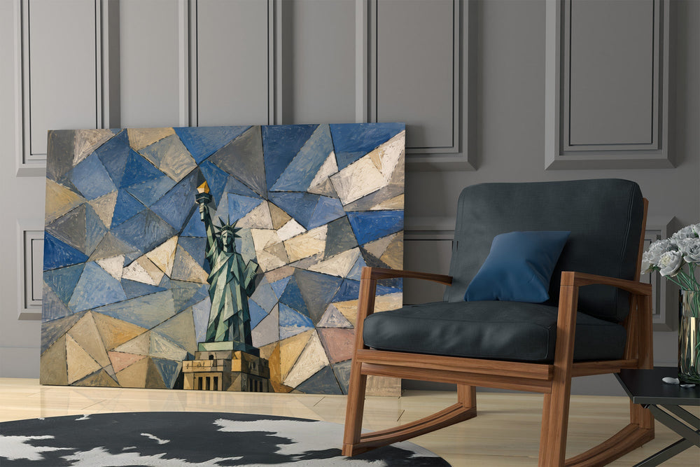 Statue of Liberty glass wall art hanging as a focal point in a modern room