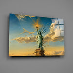 Statue of Liberty glass wall art mounted flat on a grey wall