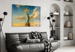 Statue of Liberty glass wall art styled in a contemporary living room