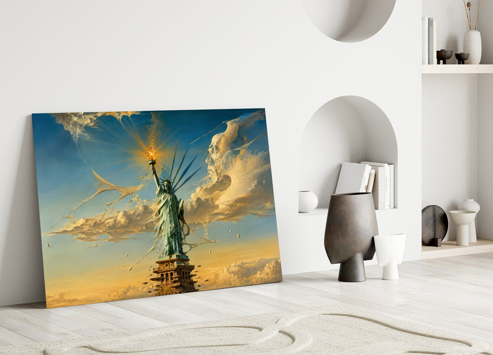 Statue of Liberty glass wall art leaning against a wall in a minimalist interior