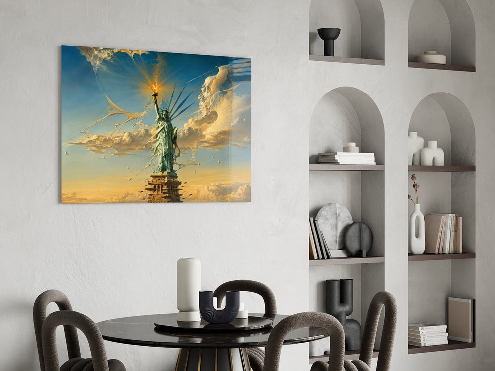 Statue of Liberty glass wall art shown in a warm, styled interior setting