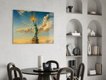 Statue of Liberty glass wall art shown in a warm, styled interior setting