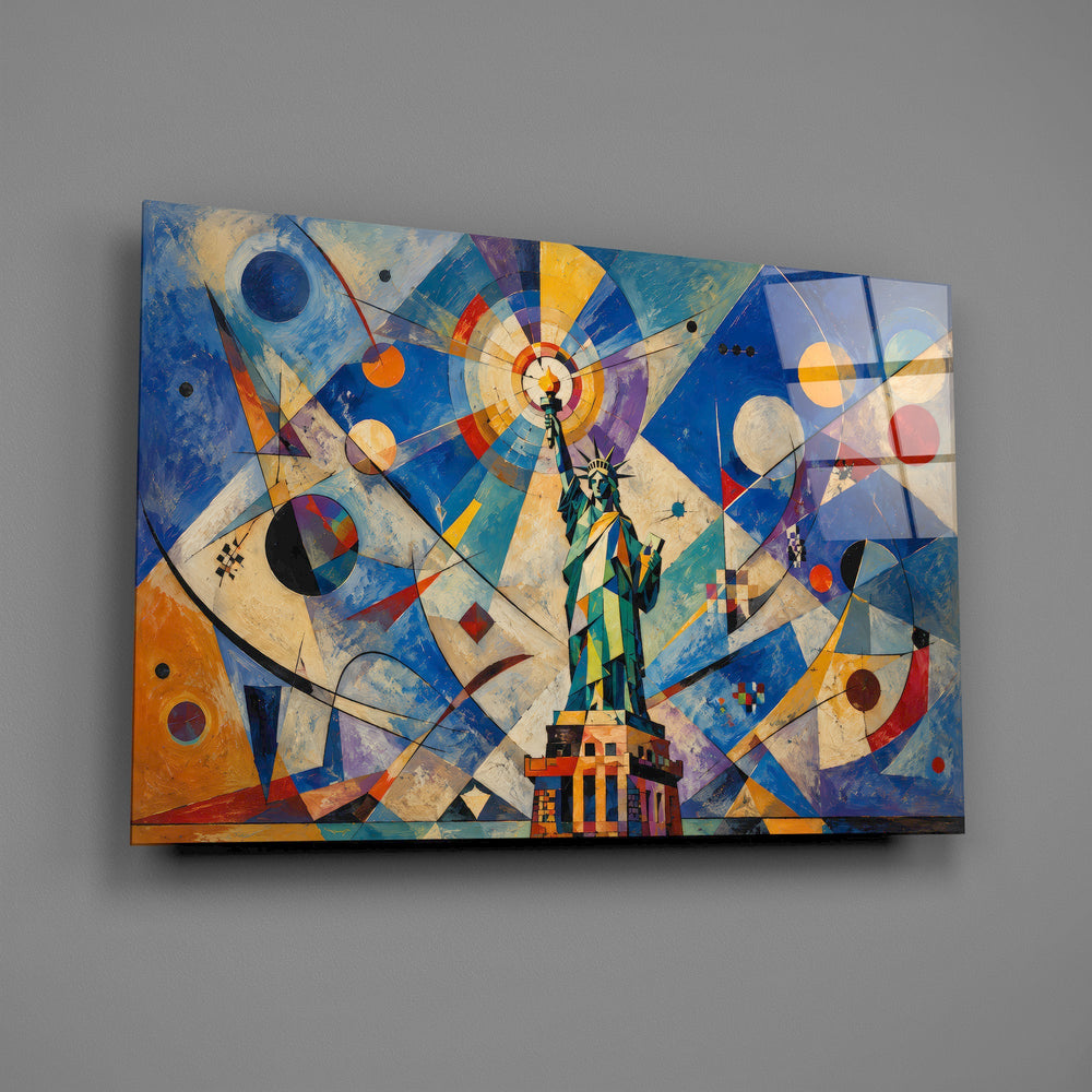 Statue of Liberty glass wall art mounted flat on a grey wall