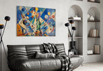 Statue of Liberty glass wall art styled in a contemporary living room