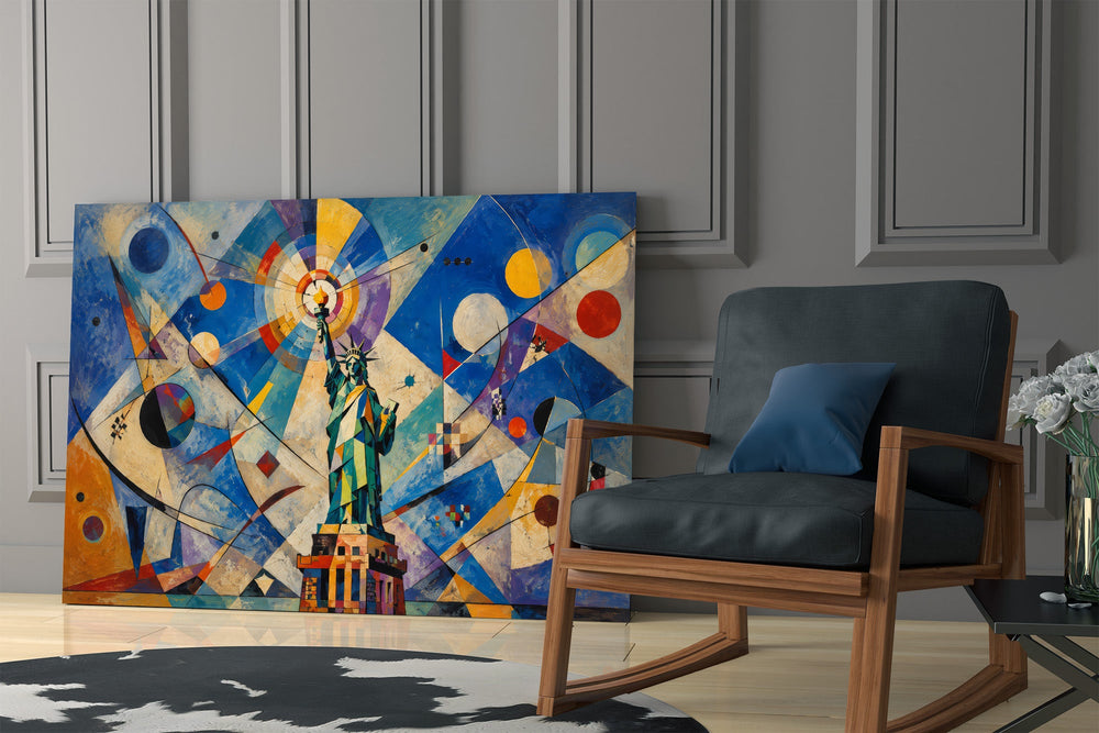 Statue of Liberty glass wall art hanging as a focal point in a modern room