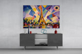 Eiffel Tower glass wall art displayed above a console in a modern interior