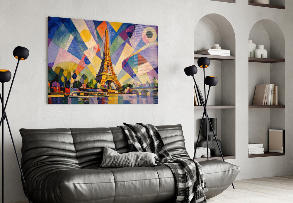 Eiffel Tower glass wall art styled in a contemporary living room