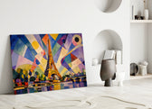 Eiffel Tower glass wall art leaning against a wall in a minimalist interior