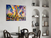 Eiffel Tower glass wall art shown in a warm, styled interior setting