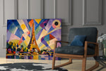 Eiffel Tower glass wall art hanging as a focal point in a modern room