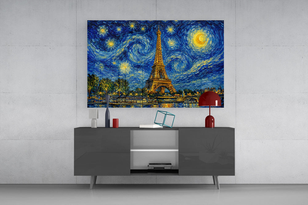Eiffel Tower glass wall art displayed above a console in a modern interior