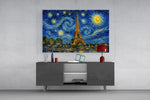 Eiffel Tower glass wall art displayed above a console in a modern interior