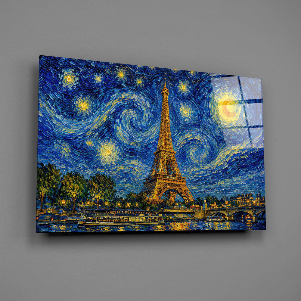 Eiffel Tower glass wall art mounted flat on a grey wall