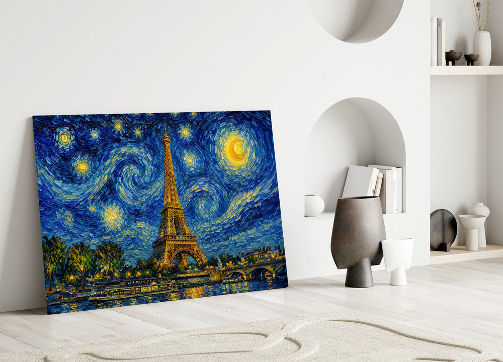 Eiffel Tower glass wall art leaning against a wall in a minimalist interior